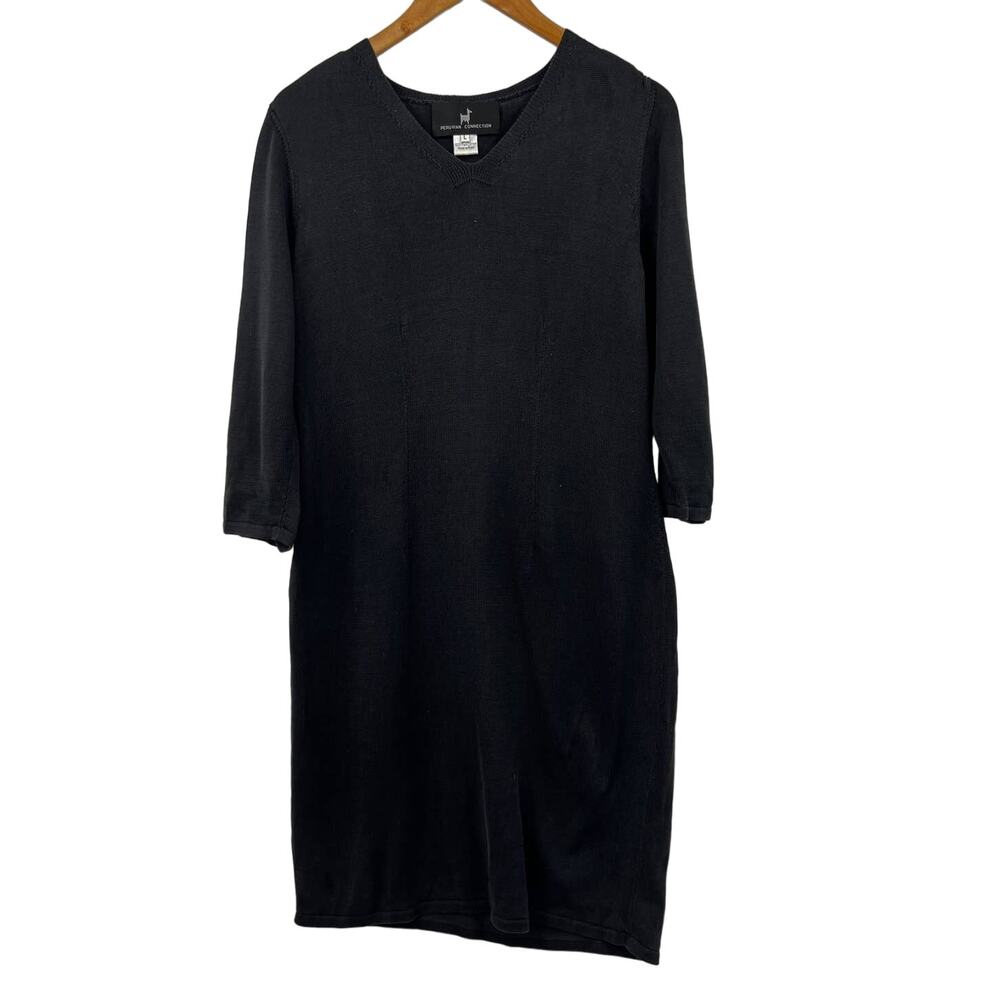Peruvian Connection Dress Women's 3/4 Sleeve Knit Sheath V Neck Black Size Large